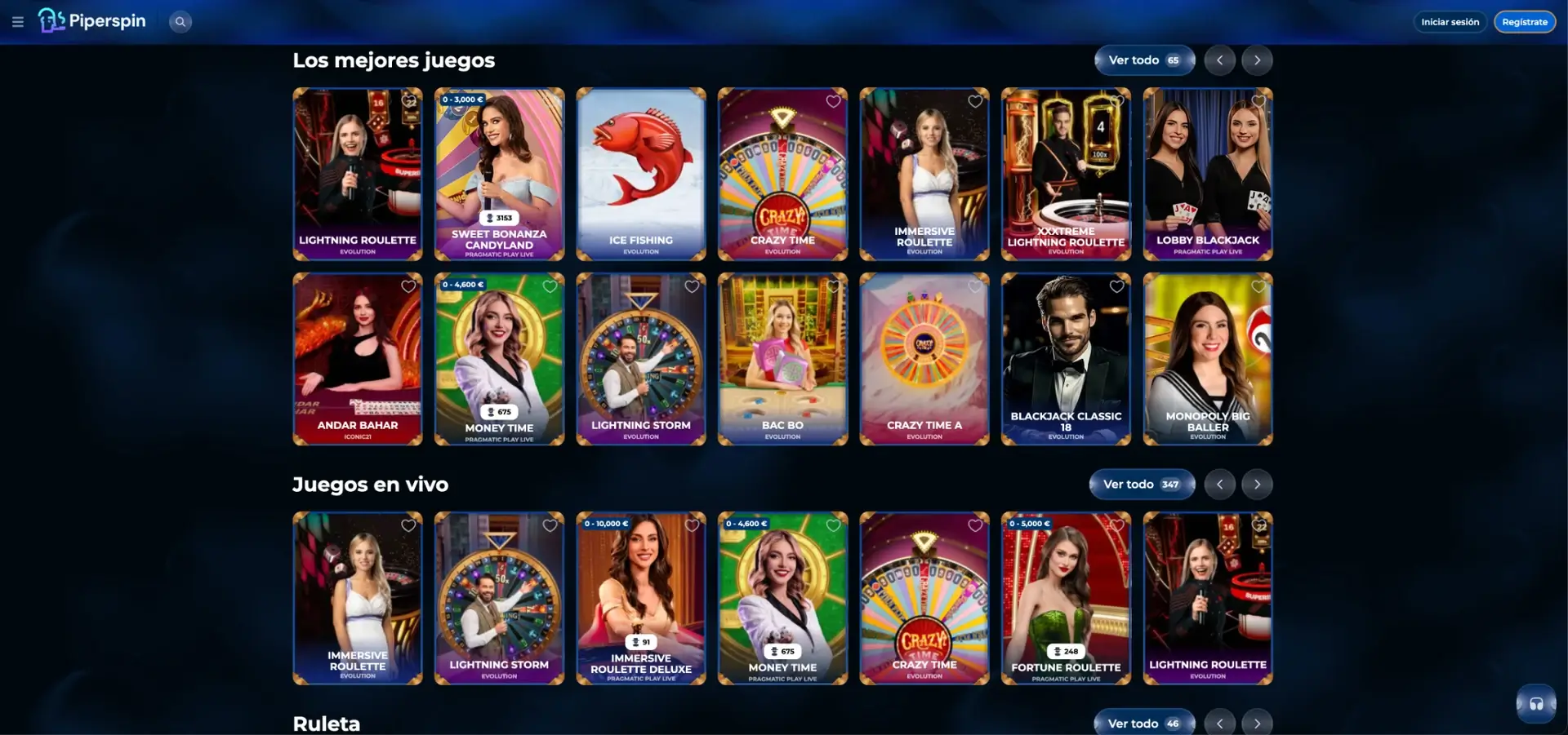 Mesas de casino en vivo de Piperspin